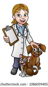 A vet cartoon character with pet cat and dog animals holding clipboard