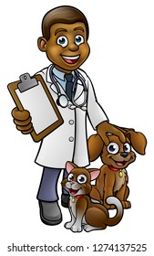 A vet cartoon character with pet cat and dog animals holding clipboard