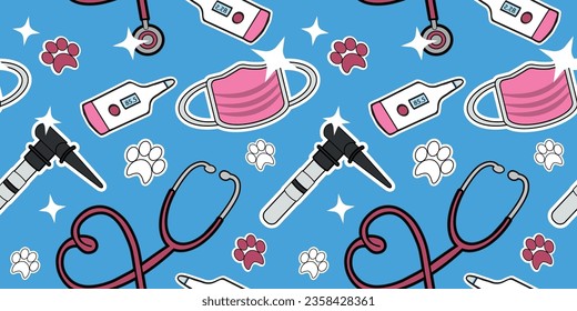 Patrón de fondo ondulante de elementos de dibujos animados de veterinaria