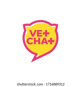 Vet chat icon. Veterinary Doctor online logo. Speech bubble with ears like silhouette of cat. Veterinarian chat symbol. Letter T like medical cross.