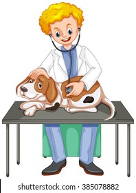 Vet checking up dog with stethoscope illustration