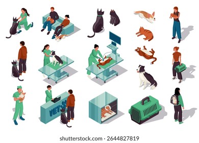 Conjunto isométrico 3d da clínica de veterinários. Coleção elementos planos isolados do diagnóstico médico veterinário, radiografia, hospital animal, cães e gatos, tratamento, serviço de higiene, carregando mais. Ilustração vetorial.