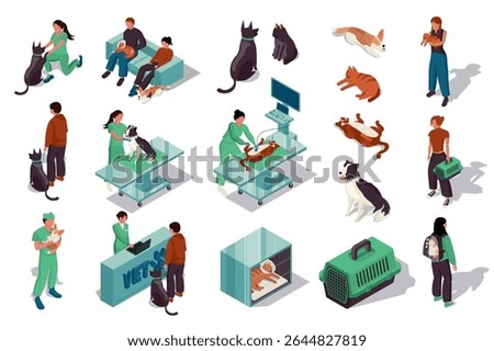 Vet clinic 3d isometric set. Collection isolated flat elements of veterinary doctor diagnostic, x-ray, animal hospital, dogs and cats, treatment, grooming service, carrying more. Vector illustration.