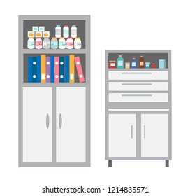 Vet clinic bookcase with files and documents isolated icons vector. Chest of drawers with medications and curing treatment. Bottles with pills tablets