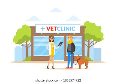Vet Clinic Building With Doctor, Owner And Dog, Pet Care Service Cartoon Vector Illustration