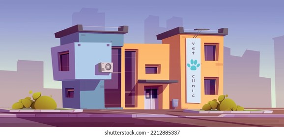Vet Clinic Building Facade, Veterinarian Animal Hospital Office Modern Exterior. City Architecture Construction, Medical Institution And Health Care Infrastructure Cartoon Vector Illustration