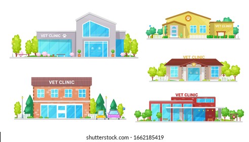 Vet Clinic Buildings, Veterinarian And Animal Hospitals. Vector Isolated Modern Vet Clinic Facades With Infrastructure, Medical Institutions And Health Care Clinic Buildings