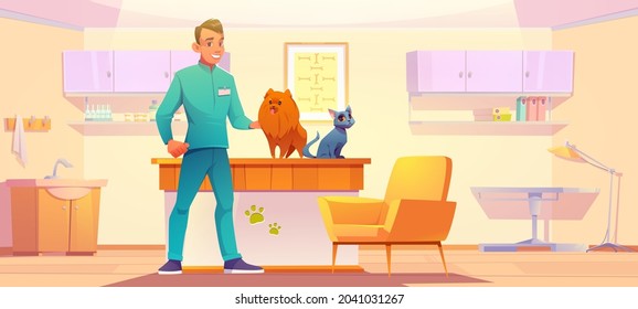 Clínica de veterinaria con animales y médico. Veterinario con perro y gato en su oficina, tratamiento médico para mascotas, vacunación o revisión médica, cita en el hospital, ilustración del vector de dibujos animados