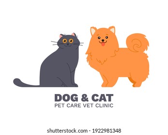 Vet clinic. Cartoon cat and dog, pet animals care and treatment, veterinary vector logo. Cute puppy and kitten characters health care and medicine, pet hospital logotype cartoon illustration