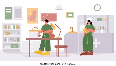 Vet clinic doctors working and caring of pets. Woman nurse assisting in veterinary hospital, animal health care and medicine, Line art flat vector illustration