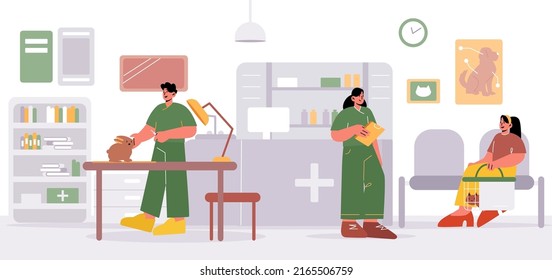 Vet clinic doctors working and caring of pets. Woman owner with cat in cage waiting appointment in veterinary hospital sit on chair, animal health care and medicine, Line art flat vector illustration