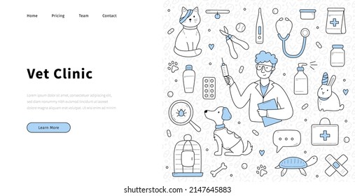 Vet clinic doodle landing page with doctor, dog, cat or hare pets and outline icons. Veterinary clinic service, hospital for home animals, medical care, ambulance, treatment, Linear vector web banner
