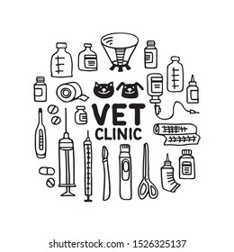 Vet Clinic Doodles Set. Vector Illustration. Hand Drawn Style. Design Elements For Leaflet, Booklet, Cards, Poster Or Banner.