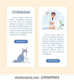 Vet clinic flyer or vertical banner with copy space, button, cat with a bandaged injured paw. Young veterinarian, Welsh corgi in protective cone on veterinary background. Flat line vector illustration svg