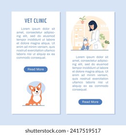 Vet clinic flyer or vertical banner with copy space, button, corgi in protective cone. Young female veterinarian examining cat with stethoscope on veterinary background. Flat line vector illustration.