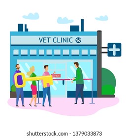 Vet Clinic Grand Opening Vector Illustration. Open Ceremony Owner Cut Red Ribbon People with Key. Veterinary Medicine Professional Veterinarian Service Animal Dog Cat Treatment Pet Shop