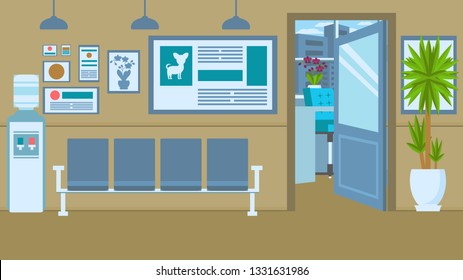 Vet Clinic Interior Flat Vector Color Illustration. Animal Hospital Waiting Room Decor. Cartoon Chairs, Water Dispenser. Veterinary Emergency Service. Pet Care Center. Open Door Vet Doctor Office