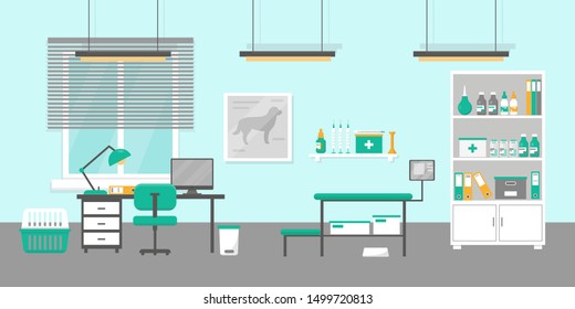 Vet clinic interior flat vector illustration. Vet doctor's consultation room.