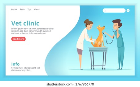 Vet clinic landing. Doctor exam happy domestic dog puppy healthcare specialist vector web page template