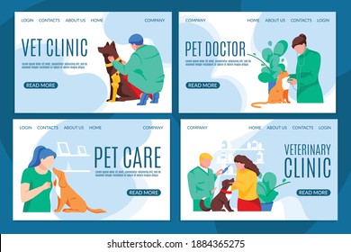 Vet clinic landing page templates set. Veterinarian examining, treating and vaccinating pets. Domestic animal careness. Animal protection and healthcare flat vector illustration