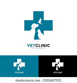 Símbolo de la cruz del diseño del logotipo de la clínica veterinaria. Conveniente para el negocio, cuidado animal de la mascota, mascotas médicas