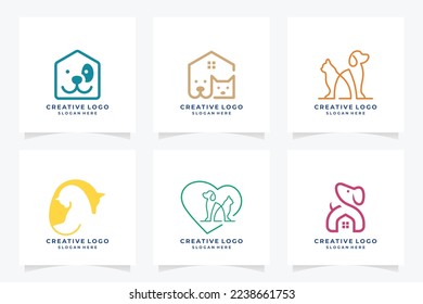 Vet clinic logo. Pets shop cats dogs domestic animals protection friendly funny symbols vector collection. Illustration vector logo kitty, domestic animal shop, dog and cat care