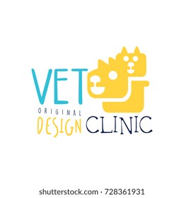 Vet clinic logo template original design, colorful badge with cat and dog hand drawn vector Illustration