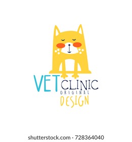 Vet clinic logo template original design, colorful badge with funny cat hand drawn vector Illustration