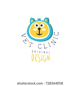 Vet clinic logo template original design, colorful badge with cat hand drawn vector Illustration