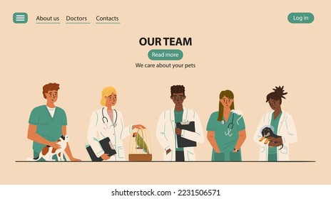 Vet clinic medical team with animals. Veterinary website template vector illustration. Female and male veterinarians in uniform holding pets.  Doctors professional team