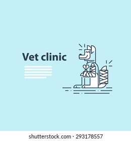 Vet clinic. Pet health insurance. A happy smiling dog with fractured paw and tail. Template for advertising.