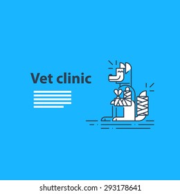 Vet clinic. Pet health insurance. A happy smiling dog with fractured paw and tail. Template for advertising.