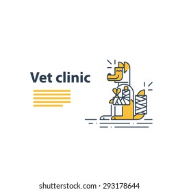 Vet clinic. Pet health insurance. A happy smiling dog with fractured paw and tail. Template for advertising.