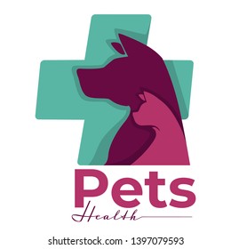 Vet clinic pets health isolated icon dog and cat isolated icon vector domestic animal care medicine and healthcare mammals emblem or logo veterinarian hospital help or aid symbol medical cross.