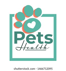 Vet clinic pets health isolated icon dog or cat paw and heart isolated icon vector domestic animal care medicine, and healthcare emblem or logo veterinarian hospital help or aid symbol with lettering