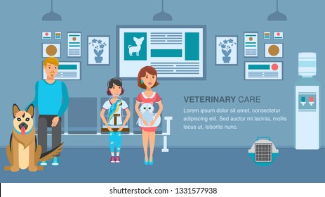 Vet Clinic Queue Banner Vector Color Template. Pet Lovers with Animals Wait in Veterinary Clinic. Man, Girl, Parrot, Woman, Dog Cartoon Character. Animal Hospital Interior Flat Illustration