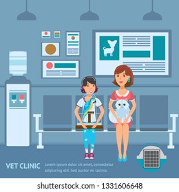 Vet Clinic Queue Web Banner Vector Color Template. Girl with Parrot and Woman with Dog wait in Veterinary Clinic. Human and Pets Cartoon Character. Animal Hospital Interior Flat Illustration with Text