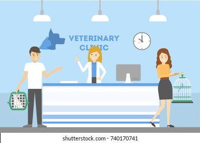 Vet clinic reception with patient, manager and animals.