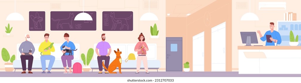 Vet clinic reception. Pet owners waiting for veterinarian appointment inside veterinary hospital, people with sick dog ill pets in registration room, splendid vector illustration of pet vet clinic