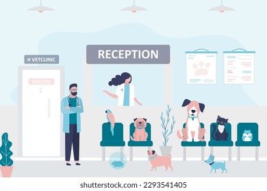 Vet clinic reception. Registration animals in queue to veterinarian, pets in clinic, waiting for doctors appointment. Medical treatment, animal health care. Animals hospital, medicine. flat vector