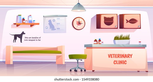 Vet clinic reception. Veterinary hall interior with administrator desk and furniture. Animals hospital lobby with cat and dog aid banners on wall, pets medicine treatment. Cartoon vector illustration