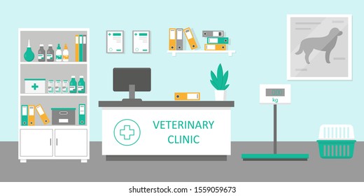 Vet clinic rectption room or holl interior in flat style. Veterinary concept. Vector illustration. 