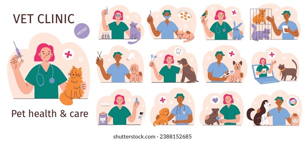 Vet clinic scenes set, hand drawn compositions with male and female veterinarians, pet health care, vector illustrations of dogs, cats, exotic animals, vaccination and grooming in veterinary hospital