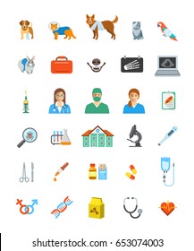 Vet clinic services vector icons. Pet treatment flat symbols. Domestic animals health care concepts. Bandaged dog, sick cat, ill puppy, kitten, parrot and rabbit. Veterinarian doctor, surgeon, nurse