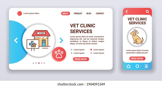 Vet clinic services web banner and mobile app kit. Animal care. Outline vector illustration.