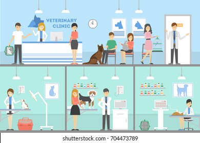 Equipo de veterinaria. Interior del hospital con mascotas y personas.