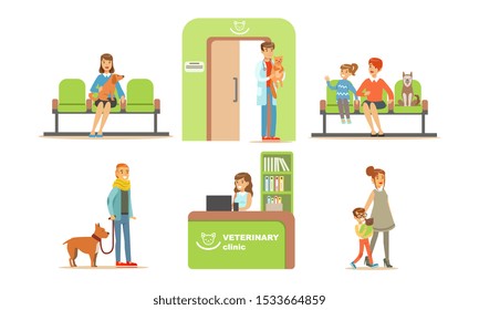 Vet Clinic Set, People Bringing their Dogs and Cats for Vet Examination, Clinic Interior Elements Vector Illustration