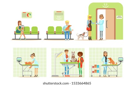 Vet Clinic Set, People Bringing their Pets for Vet Examination, Veterinary Clinic Interior Elements Vector Illustration