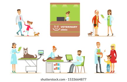 Vet Clinic Set, People Bringing their Pets for Vet Examination, Clinic Interior Elements Vector Illustration