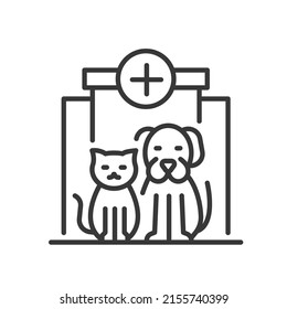 Soporte de la clínica Vet - diseño de línea vectorial un único icono aislado sobre fondo blanco. Pictograma negro de alta calidad. Imagen de un gato y un perro sentados frente a un hospital de animales. Idea de cuidados veterinarios y de mascotas